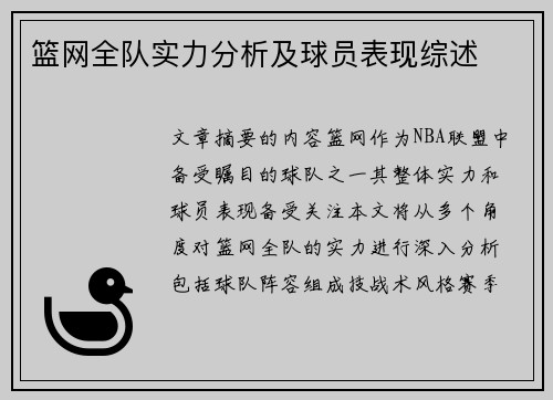 篮网全队实力分析及球员表现综述